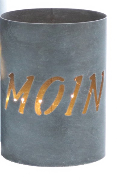 Maritimes Windlicht grau"Moin" rund aus Metall H20cm