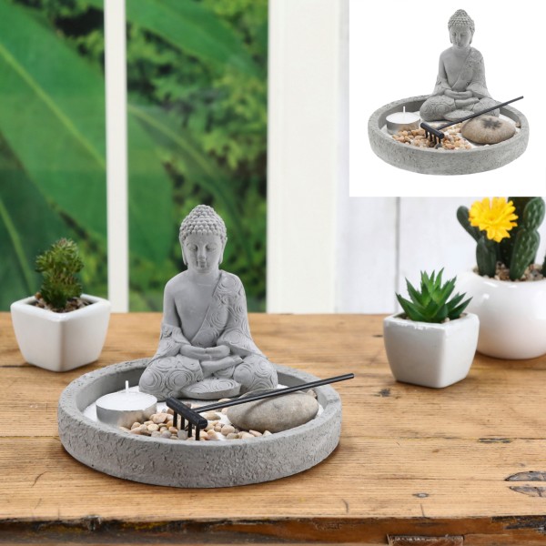 Zen Garten Set mit 1 Teelicht, 7 teilig, Ø18cm