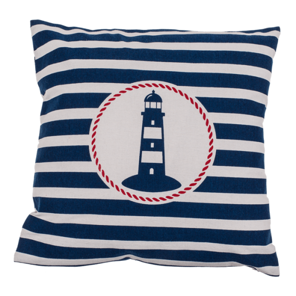 Maritimes Kissen gestreift mit Leuchtturm in weiß/creme rot dunkelblau 40 x 40cm
