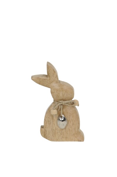 Dekoaufsteller sitzender Hase aus Holz mit halbem Osterei am Hals aus Aluminium