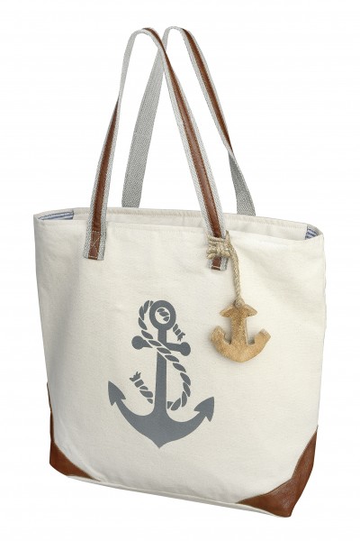 Maritime Strandtasche mit Ankerdruck und Holzanker in creme