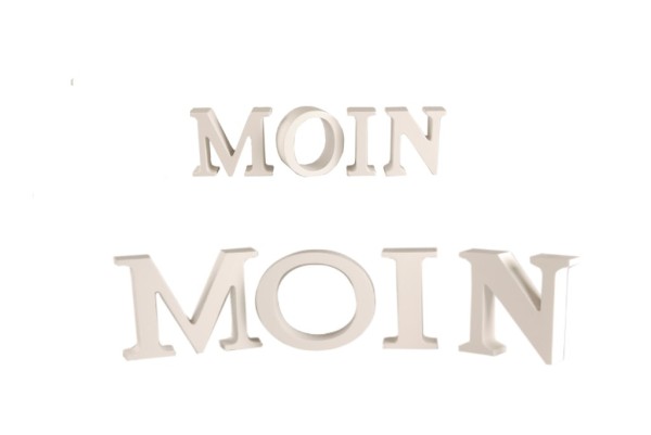 Einzelne Buchstaben/Schriftzug "Moin" in weiß aus Holz in zwei Ausführungen