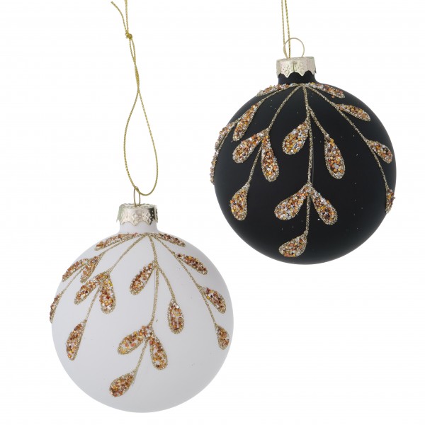 Weihnachtskugeln in Schwarz/Weiß mit goldenen Ornamenten in zwei Ausführungen