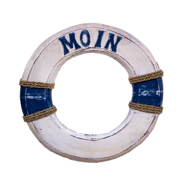 Maritimer Rettungsring aus Holz mit seitl. Sisalband white wash/ blau - MOIN