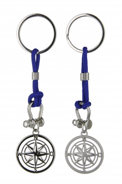 Maritimer Schlüsselanhänger Windrose aus Metall mit blauer Kordel in zwei Ausführungen