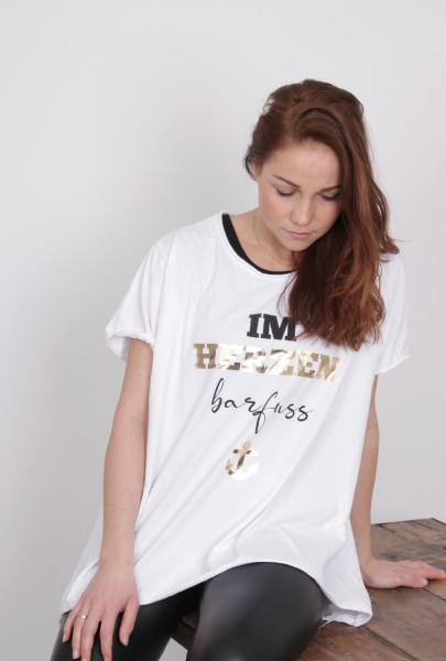 Oversize Shirt T-Shirt in weiß gold mit Print Barfuss