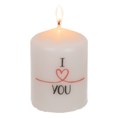 Kerze mit Aufschrift "I love You" (Kerze weiß, Schrift grau/rot)