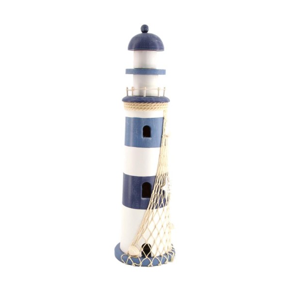 Maritimer Dekoaufsteller Leuchtturm blau/weiß LED mit Fischernetz groß 41cm