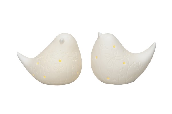 Dekofigur kleiner LED-Vogel aus Porzellan mit Blumen weiß - in zwei Varianten