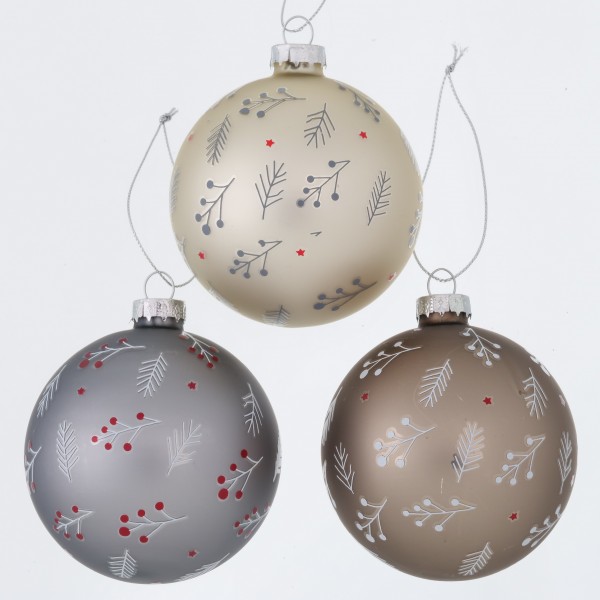 Weihnachtskugel/ Tannenbaumkugel aus Glas-matt mit Zweigen D8cm in drei Farben