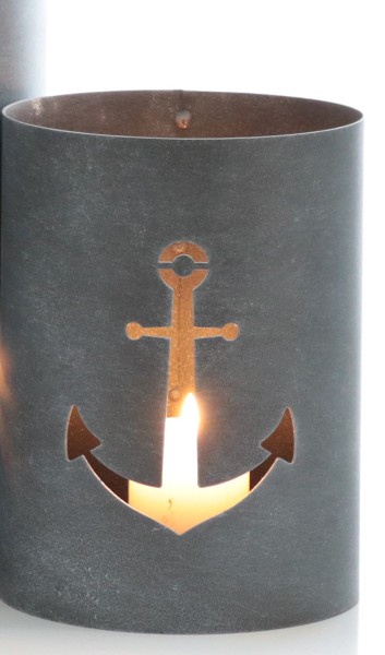 Maritimes Windlicht grau "Anker" rund aus Metall H20cm