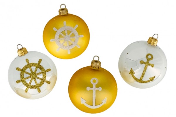 Maritime Tannenbaumkugeln 4er Set Glas, handbemalt Gold/Weiß Anker und Steuerrad