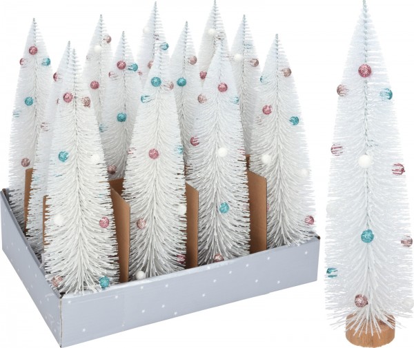 Weihnachtsbaum Glitzertanne weiß mit Kugeln auf Holzfuß 35cm