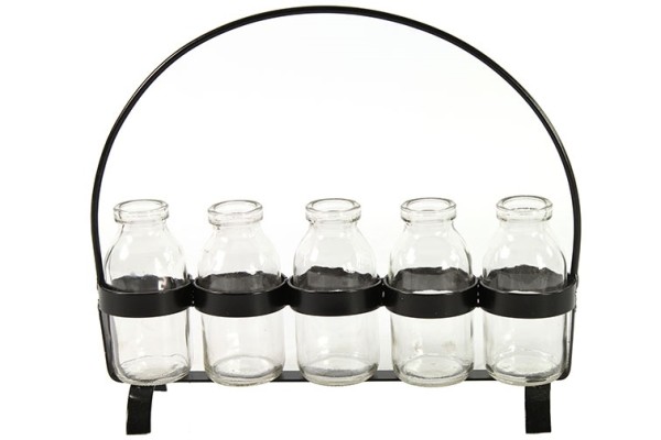Flaschenhalter in schwarz aus Metall für 5 Glasflaschen