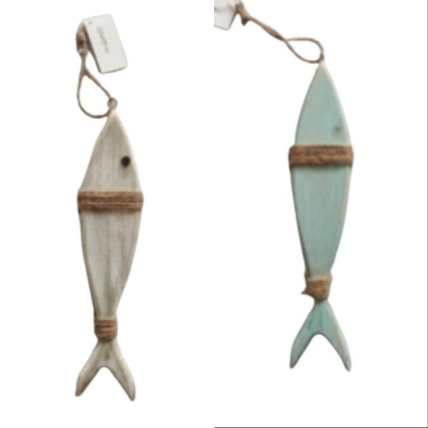 Maritimer Dekohänger Fisch aus Holz mit 2 Kordeln umwickelt - 2 Farben erhältlich