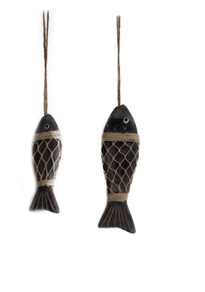 Hängende Fische aus Holz mit Netz in zwei Ausführungen