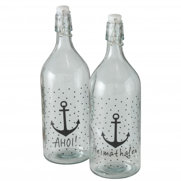 Maritime Glasflasche mit Bügelverschluss gepunktet und mit Anker zwei Ausführungen