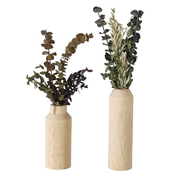 Dekovase aus Holz mit Trockenblumenstrauß in zwei Varianten