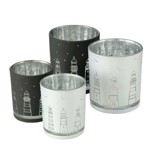 Maritimes Windlicht-Set aus Glas Leuchtturm in schwarz/weiß in zwei Ausführungen