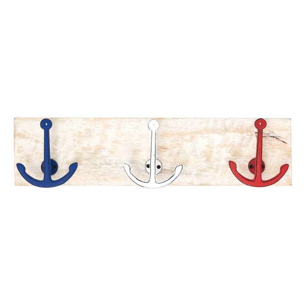 Maritime Garderobe mit drei Haken als Anker in blau weiß rot