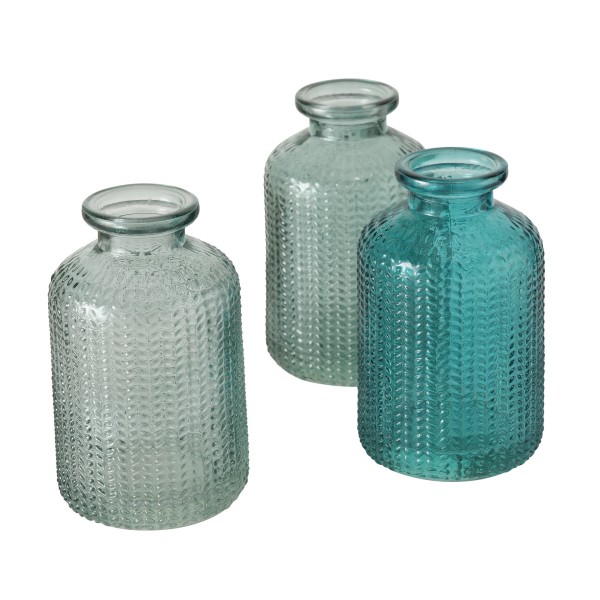 Vasen-Set 3-teilig aus Glas mit Reliefmuster in türkis/grün