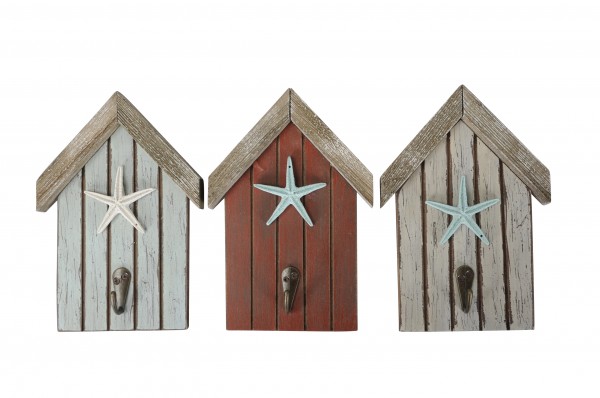 Maritimer Gaderobenhaken Strandhaus aus Holz in drei Farben