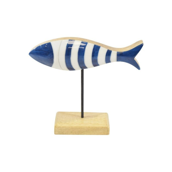 Maritimer Dekoaufsteller Fisch aus Mangoholz blau weiß natur Höhe 18 cm - Groß