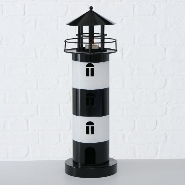 Windlicht “Leuchtturm” aus Metall, schwarz/weiß, klein