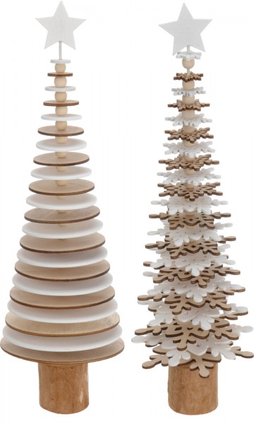 Dekoaufsteller 40cm Weihnachtsbaum weiß/natur Holz Etagen drehbar zwei Varianten
