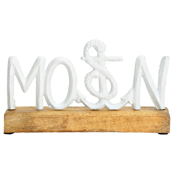 Maritimer Schriftzug "Moin" aus Metall auf Mangoholz - weiß," i" als Anker & Tau