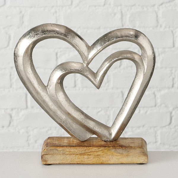 Dekoaufsteller doppeltes Herz aus Aluminium auf Holzfuß