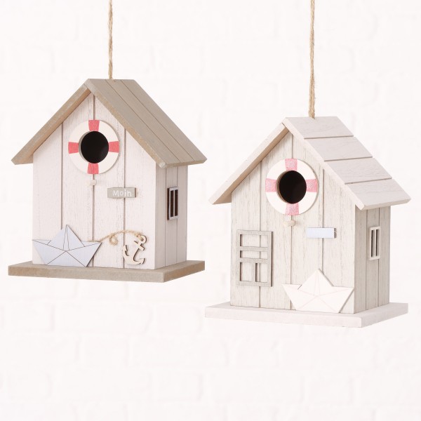 Maritimes Vogelhaus mit Rettungsring aus Holz in zwei Varianten