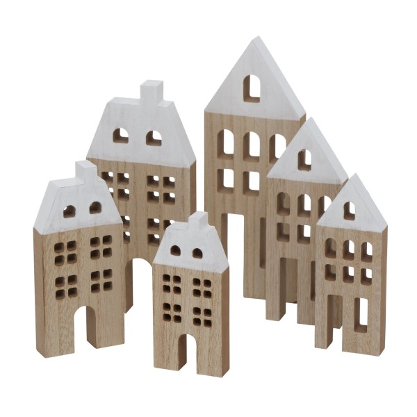 Holzhaus-Set bestehend aus drei Häusern in braun/weiß zwei Ausführungen
