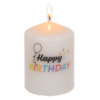 Kerze mit Aufschrift "Happy Birthday" (Kerze weiß, Schrift bunt)