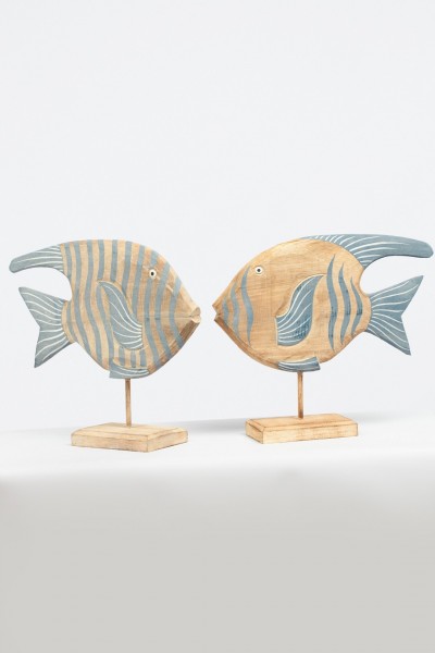 Dekoaufsteller Holzfisch auf Fuß blau/braun in zwei Ausführungen