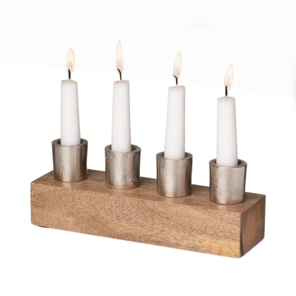 Kerzenhalter für vier Stabkerzen aus Mangoholz und Aluminium