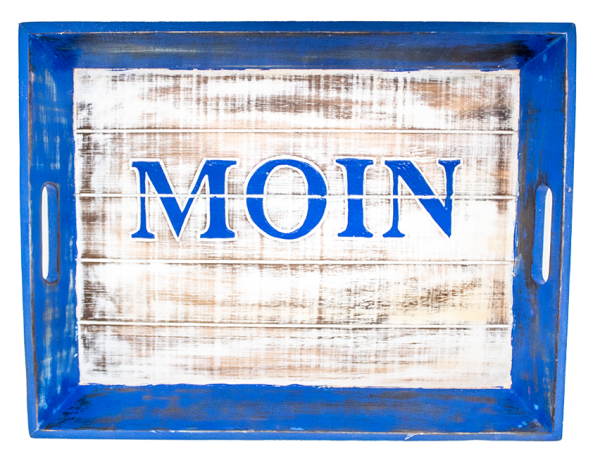 Maritimes Tablett "Moin" blau/weiß aus Holz