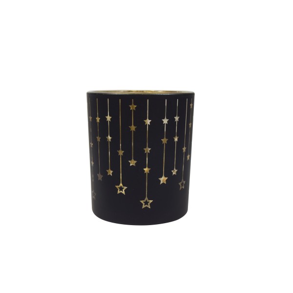 Windlicht aus Glas mit Sternen in schwarz/gold H8,0cm