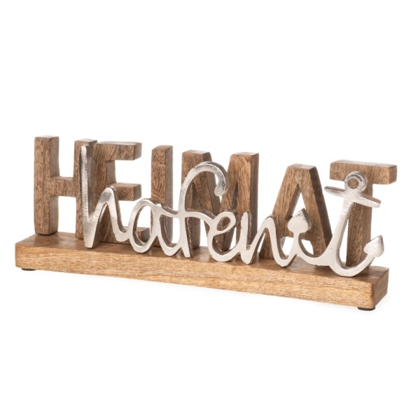Deko-Schriftzug "HEIMAT hafen" in Holz/ Aluminium auf Stand mit kl. Anker