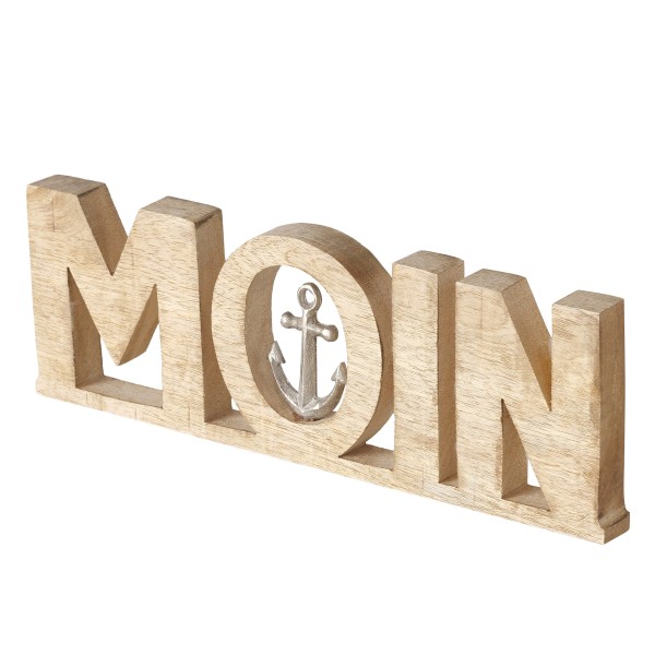 Maritimer Schriftzug "Moin" aus Mangoholz mit Anker aus Aluminium