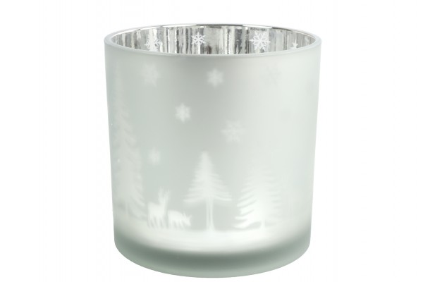 Windlicht-Glas Winterlandschaft weiß/silber H15cm
