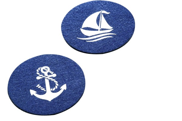 Maritimer blauer Filz-Untersetzer "rund" mit weißem Anker oder Schiff