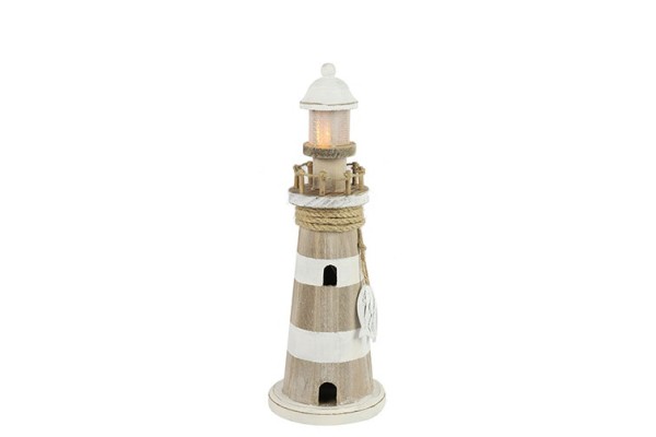 Maritimer Leuchtturm braun/weiß gestreift mit LED-Beleuchtung