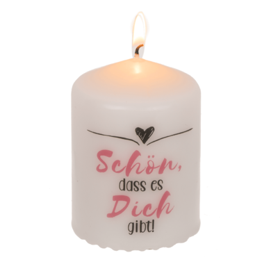 Kerze mit Aufschrift "Schön, dass es Dich gibt" (Kerze weiß, Schrift grau,rosa/pink)