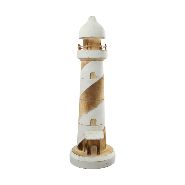 Maritimer Leuchtturm aus Albizia Holz Groß H = 38 cm in Natur/ Weiß