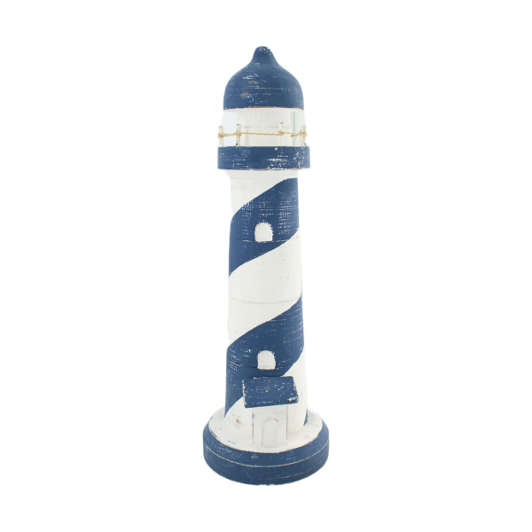Maritimer Leuchtturm aus Albizia Holz Groß H = 38 cm in Blau/ Weiß
