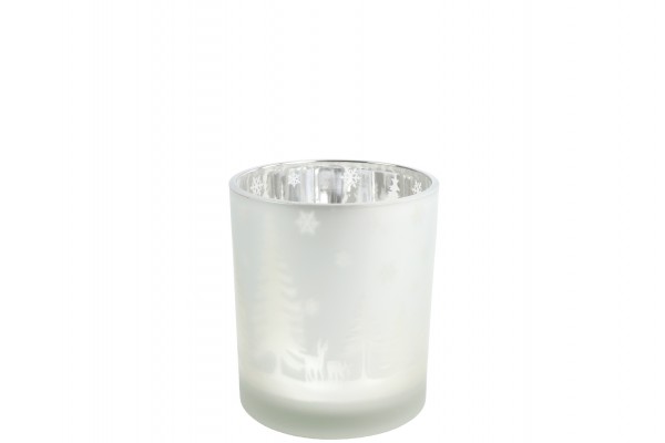 Windlicht-Glas Winterlandschaft weiß/silber H10cm
