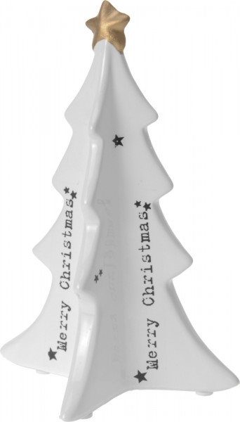 Weihnachtsbaum aus Keramik "Merry Christmas" weiß mit schwarzen Sternen