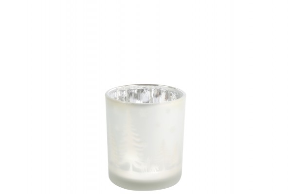 Windlicht-Glas Winterlandschaft weiß/silber H8cm
