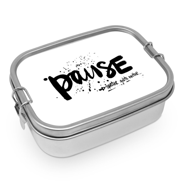Brotbox/Lunchbox "Pause gleich gehts weiter" - aus Edelstahl